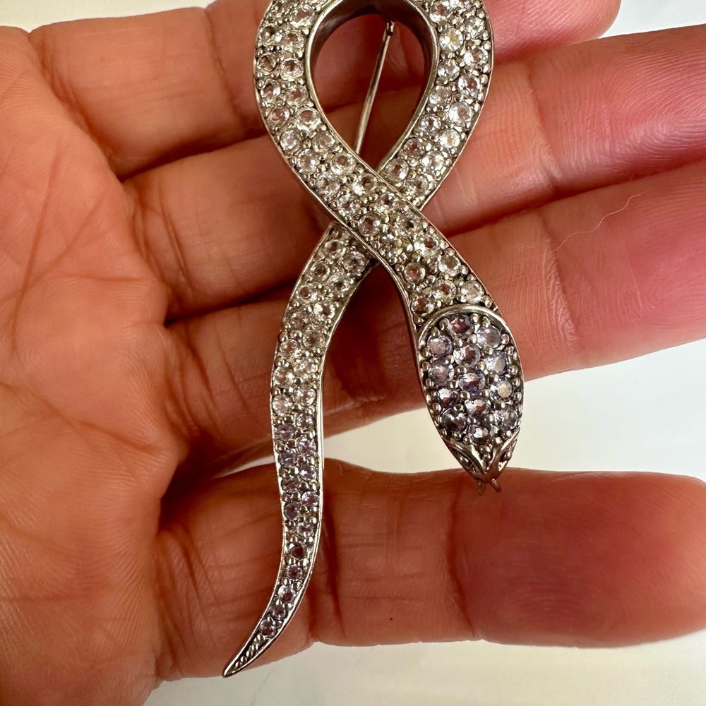 Antique Brooch 925 Sterling Silver Genuine  Tanzanite, and White Sapphire Snake